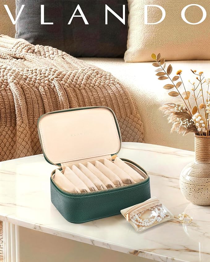 VLANDO Jewelry Box with 8 Velvet Jewelry Bags Travel Jewelry Storage Box Petal Hardware Jewelry Organizer for Necklace Rings Earrings Women Gifts for Christmas Birthday-Green