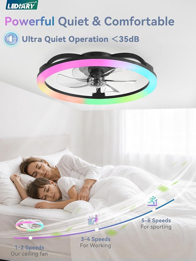 LEDIARY RGB 23" Ceiling Fans with Lights and Remote for Bedroom, Black | Low Profile Flush Mount Fan Light, Dimmable Modern Ceiling Fan(3000K-6000K), 6 Speed, Reversible, APP & Remote Control