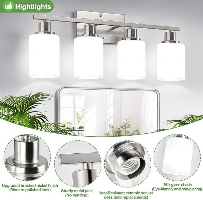 Indoi 4-Light Bathroom Light Fixtures, Brushed Nickel Modern Vanity Lights with Milky White Shades, Bathroom Wall Lamp for Mirror Living Room Cabinet Bedroom Porch