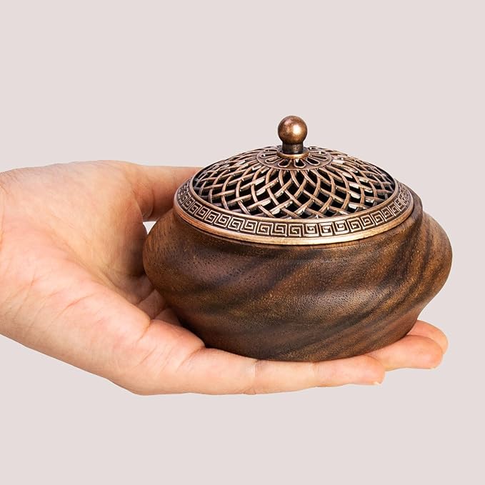2 Pack Incense Cone Holder, Retro Wooden Cone Incense Burner Holder with Brass Cover, Vintage Bakhoor Burner for Sticks Coil, Frankincense Room Home Decor Yoga Spa Meditation (P)