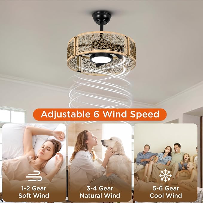 TALOYA 20 Inch Caged Ceiling Fans with Lights Chandelier Remote Control Flush Mount Low Profile for Bedroom Living Room Patio,Reversible,Buzzer Mute,Dimmable Led Light Included,Fandelier,Oak