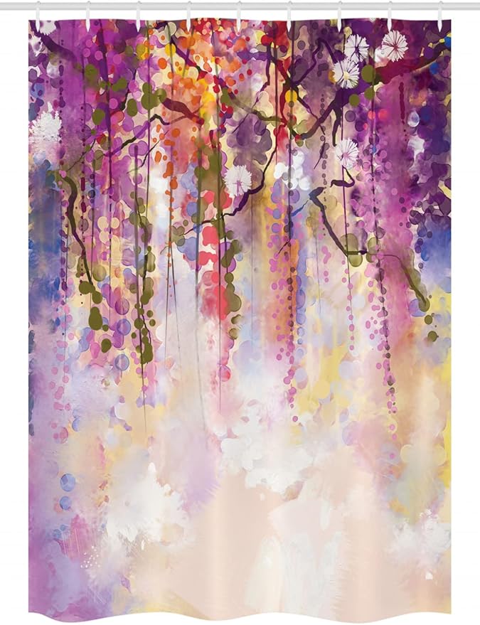 Ambesonne Japanese Stall Shower Curtain, Floral Country Style Watercolor Japanese Garden Flowers with Rain Backdrop, Fabric Bathroom Decor Set with Hooks, 54" W x 78" L, Peach Purple