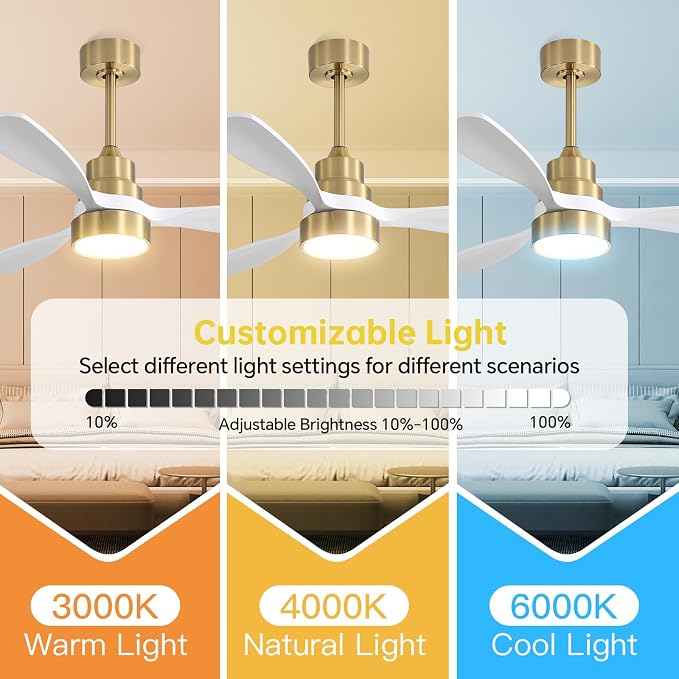 CACI Mall 48 inch Smart Ceiling Fans with Lights, Low Profile, Modern, Gold, 3 Blades, Solid Wood, Remote Control, Work with Alexa/Google, Outdoor Indoor Ceiling Fans for Patio Living Room Bedroom