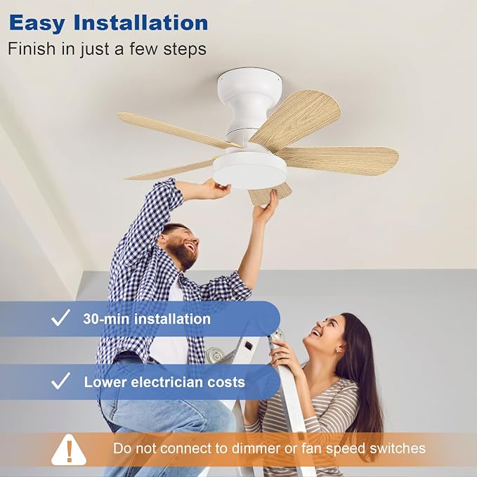 Depuley Small Ceiling Fan with Lights: 28-Inch Flush Mount Fan with Light and Remote - Low Profile Ceiling Fans Reversible Quiet DC Motor for Bedroom Living Room Indoor Outdoor, Wood Color