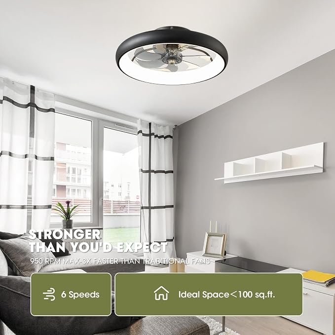 Ceiling Fans with Lights and Remote, 20'' Low Profile Flush Mount, 6 Wind Speeds, Modern Dimmable LED Ceiling Fan, Smart Ceiling Fan for Bedroom, Kids Room (Black)