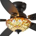 Tiffany Ceiling Fans with Lights - 48" Ceiling Fan Chandelier with 5 Dual-Blades and Glass Shade, 6 Speeds and Reversible, Indoor and Outdoor, Retro Style