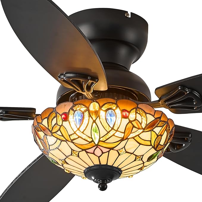 Tiffany Ceiling Fans with Lights - 48" Ceiling Fan Chandelier with 5 Dual-Blades and Glass Shade, 6 Speeds and Reversible, Indoor and Outdoor, Retro Style