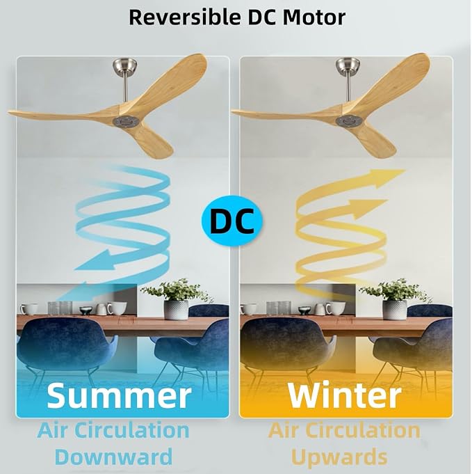 60 Inch Wood Ceiling Fan Without Light, Energy Saving DC Reversible Motor Ceiling Fan, Quiet and Strong Wind, Suitable for Living room, Dining room, Bedroom, Terrace(Brushed Nickel Wood)