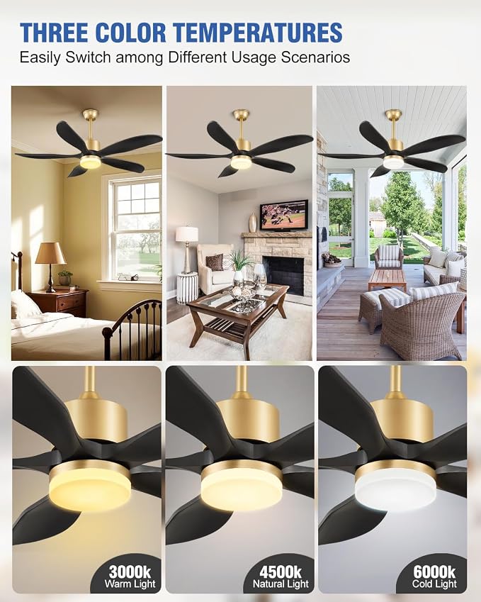 52"Ceiling Fans with Lights and Remote 5 Blades Outdoor Fans Black Gold | Ceiling Fan with Light for Patios Indoor, ETL Listed, Timer, 6 Speeds, 3 Color, Reversible Quiet DC Motor, Under 25dB
