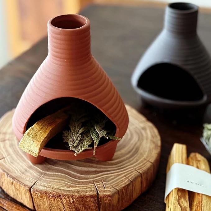 Ceramic Palo Santo Holder Burner, Handmade Incense Burner, Cone Ash Catcher Smudge Bowl for Meditation Yoga Home Decor Incense Holder, Black