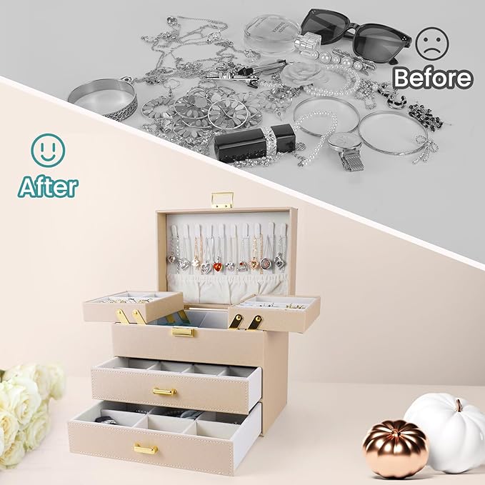 Dajasan Jewelry Organizer Box, Large Jewelry Boxes for Women Girls, Space-Saving 4 Layers Jewelry Storage Case with Drawer, Movable Metal Stand, Modern, Gift Idea (Champagne + Gold)
