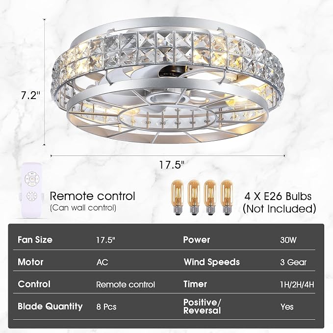 SHIHOT 18" Crystal Low Profile Caged Ceiling Fans with Lights and Remote | Safe Crystal Caged-Design,Supports Both Remote and APP,6 Wind Speeds, Reversible, Quiet DC Motor,Suits for Bedroom Kidsroom