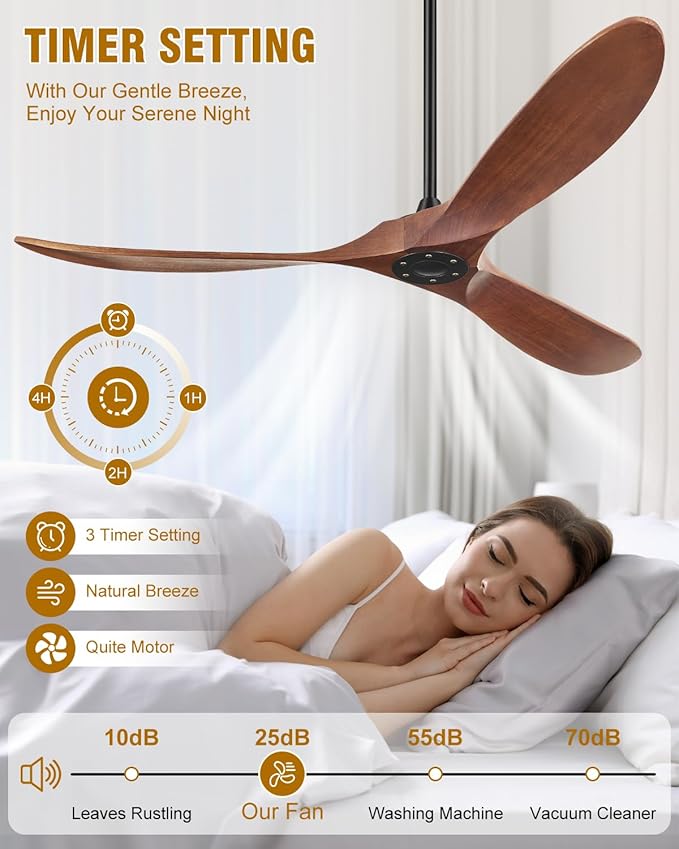 Ceiling Fans without Lights 72 Inch Large Ceiling Fan, Solid Wood Ceiling Fan No Light and Remote, 3 Blade, 6 Speeds, Timer, Quiet DC Motor, High CFM Modern Indoor Outdoor Fans for Patio, Dark Walnut