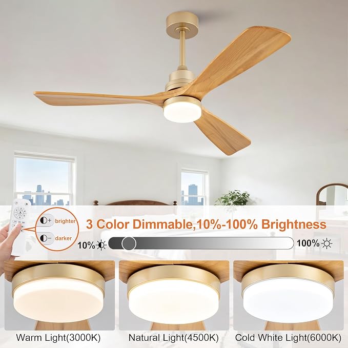 52 Inch Boho Ceiling Fans with Lights and Remote, Gold Ceiling Fan with Quite Reversible DC Motor, Dimmable LED Memory Function,Solid Wood Indoor Outdoor Ceiling Fan with Light for Patio Bedroom