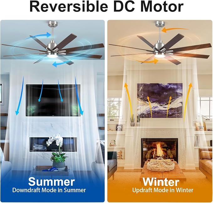 Rayqueen 62 Inch Brushed Nickel Ceiling Fans with Lights and Remote,Downrod | Walnut Blades,6 Speed Reversible DC motor,3-color temperature dimmable LED.For indoor/covered outdoor.5.9/11.8 inch downrod