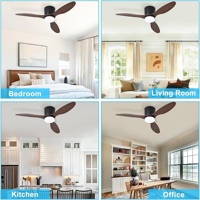 Depuley Flush Mount Ceiling Fan: 42-Inch Black Ceiling Fans with Lights for Bedroom Indoor Outdoor - Low Profile Ceiling Fans with Remote Control 24W 3CCT Dimmable 3 Reversible Walnut Blades 6 Speeds