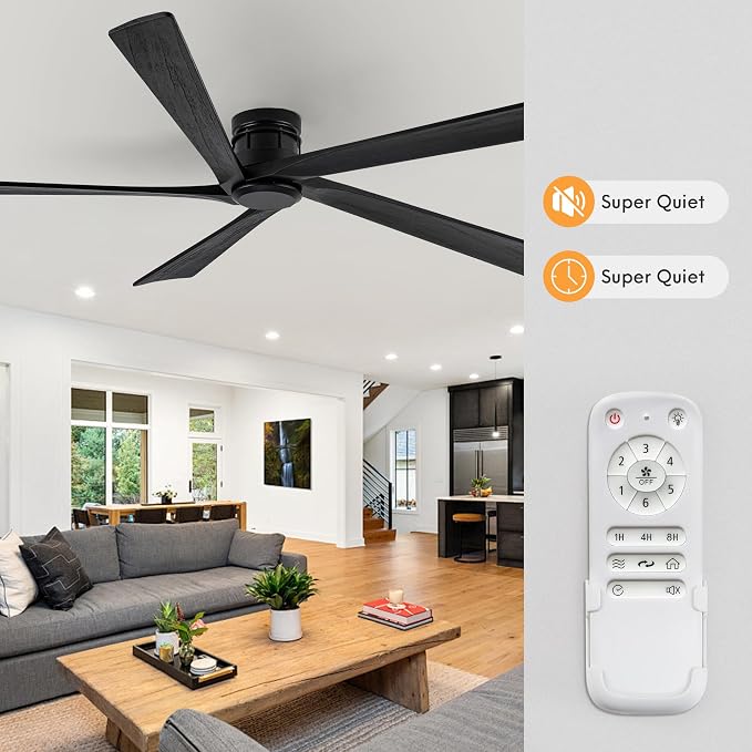 EKIZNSN 84 Inch Outdoor Low Profile Flush Mount Ceiling Fans without Lights for Patios, 110V Noiseless Reversible DC Motor, 6-Gear Speed (Black Finish with Black Blades)