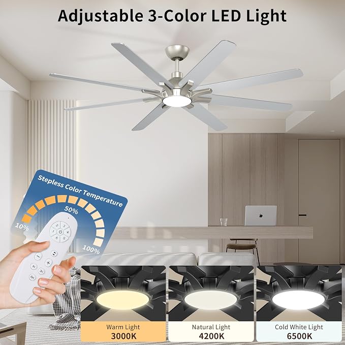 62 Inch Ceiling Fan with Light and Remote Control, Brushed Nickel | 6-Speed Quiet Reversible DC Motor, 3CCT Dimmable 24W LED Light,8 Wood Blades,Used for Living Room, Office,Covered Patio