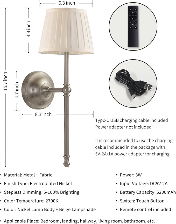 KDG Cordless Wall Sconces Set of 2, Small Wireless 5200mAh Rechargeable Battery Fabric LED Wall Lamps, Portables Lightings for Wall Painting, Living Room, Bedroom, Hallway, Gifts, Night Light (Nickel)
