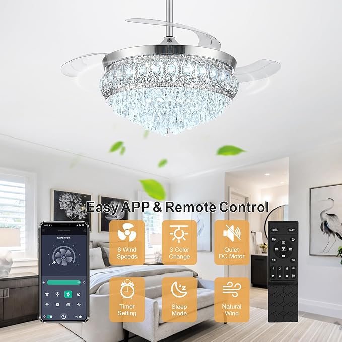 48" Fandelier Ceiling Fan with Light, Crystal Retractable Ceiling Fan with Lights and Remote, Chandelier Fans for Bedroom Living Room, Reversible DC Motor, Dimmable, 6 Speeds - Chrome
