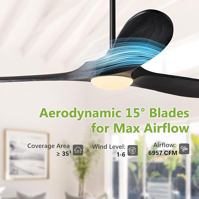 Haipeel 72 Inch Wood Ceiling Fans with Lights and Remote Control, Outdoor Ceiling Fan with Light Solid Wood Modern Black Large Ceiling Fans Propeller Indoor Patios Garage Bedroom High cfm, Matte Black