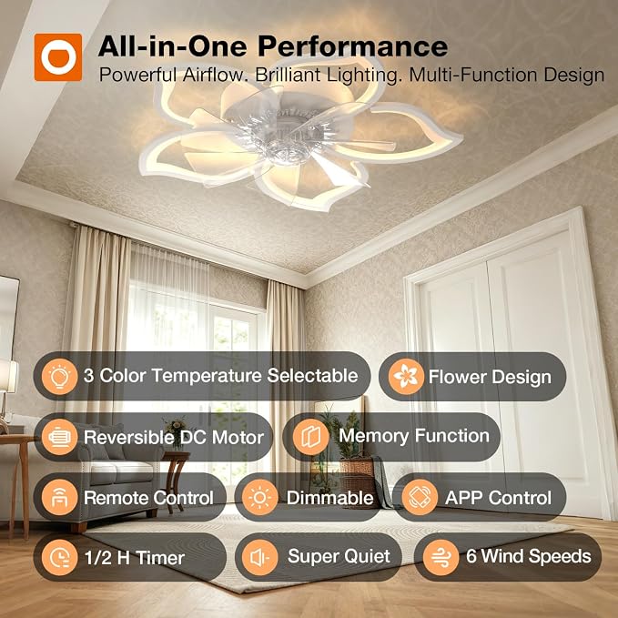 addlon Ceiling Fans with Lights and Remote, 27'' Low Profile Flush Mount Ceiling Fan, 3000–6000K Dimmable LED Fandelier, Flower Fan Light for Bedroom, Kitchen, Living Room, White