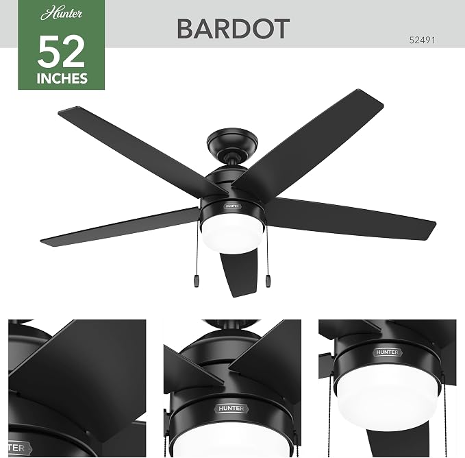 Hunter Bardot, Indoor, Ceiling Fan, Modern, 5 Blades, 52 inch, Matte Black | with LED Light and Pull Chain, Standard Mount, For Bedroom, Living Room, Kitchen, 52491