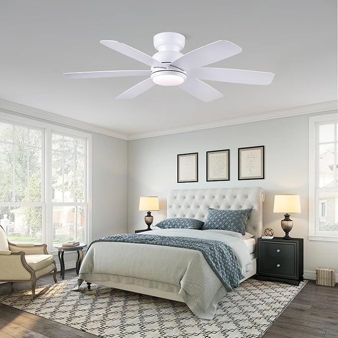 Kviflon 46 Inch Modern Ceiling Fans with Lights Remote Control, Low Profile Ceiling Fan, 6 Reversible Plastic Blades, 6 Speeds 3 CCT Dimmable LED Lights Double Lampshade for Bedroom Living Room, White