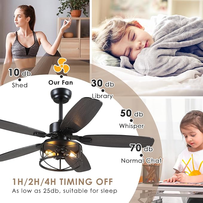 Hounberi 52 Inch Farmhouse Ceiling Fan with Light and Remote Control | 5 Dual Finish Blades, 6 Speeds, Quiet, Reversible DC Motor, Black Industrial Caged Ceiling Fan for Bedroom, Living Room