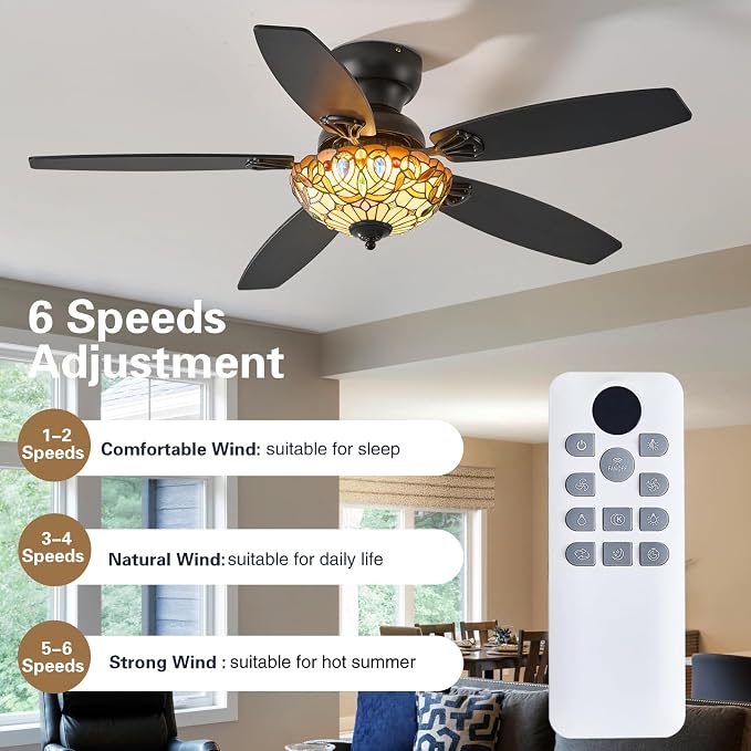 Tiffany Ceiling Fans with Lights - 48" Ceiling Fan Chandelier with 5 Dual-Blades and Glass Shade, 6 Speeds and Reversible, Indoor and Outdoor, Retro Style