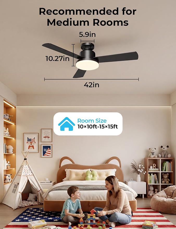 CINOTON Smart Ceiling Fan with Lights, 42'' RGBCW Low Profile Ceiling Fan with Lights and Remote, App/Voice Control, Reversible DC Motor, 2400lm Dimmable, 6 Speeds, Quiet Fan for Bedroom, Living Room