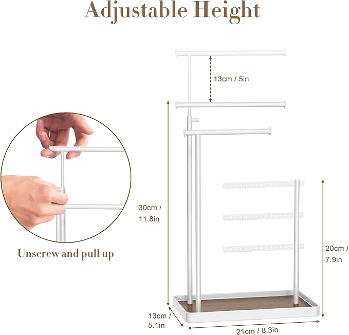 susswiff Jewelry Holder Organizer Stand - Adjustable Tall 17.5" (Max), Sturdy Jewelry Hanger for Necklaces, Earrings, Bracelets, Rings, Jewlery Display and Storage, White, Metal