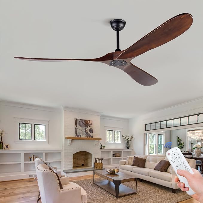 72 inch Ceiling Fans without Lights, Large Wood Ceiling Fan no Light with Remote, Outdoor Ceiling Fan for Patios Porch Living Room Offic, 6 Speed, Quiet DC MotorDeep Walnut Blades