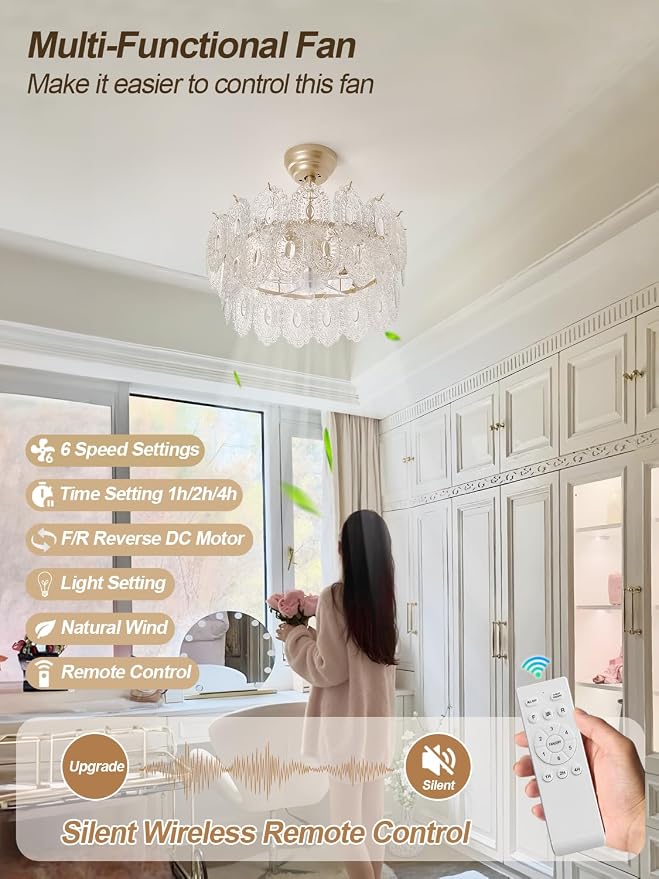20" Gold Fandelier Ceiling Fans with Lights, Crystal Chandelier Ceiling Fans with Lights Remote Control, Mid Century French Caged Fandelier with 6 Speeds for Bedroom, Living Room
