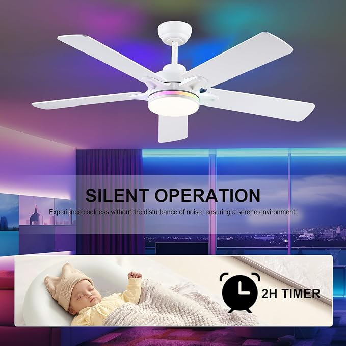Kviflon 52 Inch Ceiling Fans with Lights, Modern RGB Ceiling Fans, White Ceiling Fan with Light for Bedroom Living Room, Remote/APP Control, Reversible Quiet DC Motor, Dimmable LED, Wooden Blades