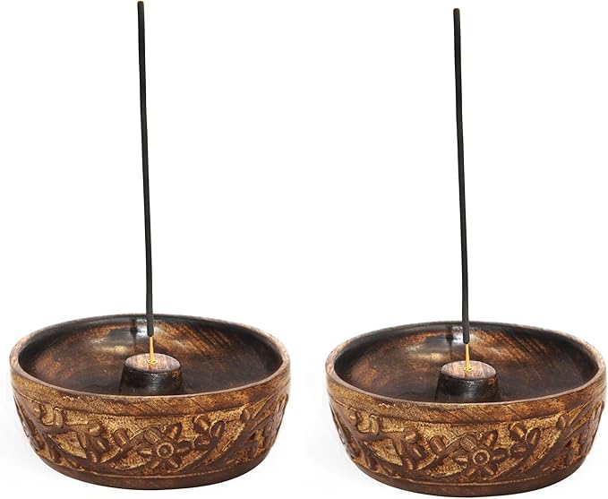 COTTON CRAFT - Wooden Incense Holder - 2 Pack Hand Carved Floral Incense Burner - Ash Catcher Bowl - Incense Sticks Aroma Room Freshener Zen Home Décor Gift - Yoga Meditation - 5 x 5 x 1.5 - Natural