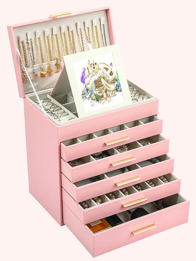 BOOVO Jewelry Boxes for Women, White and Black 6 Layer Large Jewelry Box for Necklace, Bracelet, Earrings, Rings Storage, Jewelry holder Organizer for Girls Gift (Pink, 6 layer)