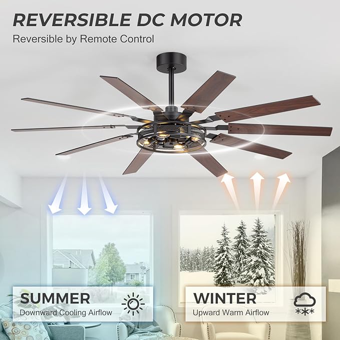 60 Inch Farmhouse Ceiling Fans with Rustic Lights, Caged Ceiling Fans with Remote, Industrial Ceiling Fan with Reversible DC Motor, Antique Downrod Mount Fan with Chandelier for Living Room Bedroom