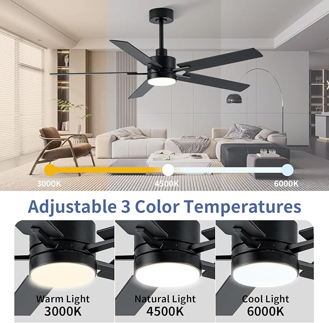 LANMEL 52'' Black Ceiling Fans with Lights and Remote, 6 Speed Low Profile Modern Ceiling Fan with Quiet DC Motor for Indoor Outdoor Bedroom Living Room