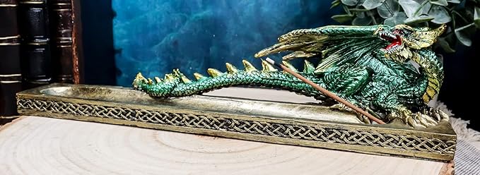 Ebros Gift Celtic Metallic Colored Green Dragon Looking Back Incense Burner Holder Decorative Figurine Aromatherapy Home Fragrance Accessory Dungeons Dragons Medieval Theme