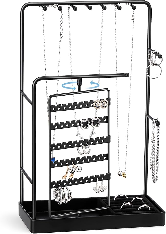 ProCase Jewelry Stand Holder Organizer and Storage, Black (No-Assembly) | Rotating Earring Bracelet Holder Storage, Hanging Jewelry Display Velvet Ring Tray, Teen Girls Birthday Gifts Room Dorm Decor