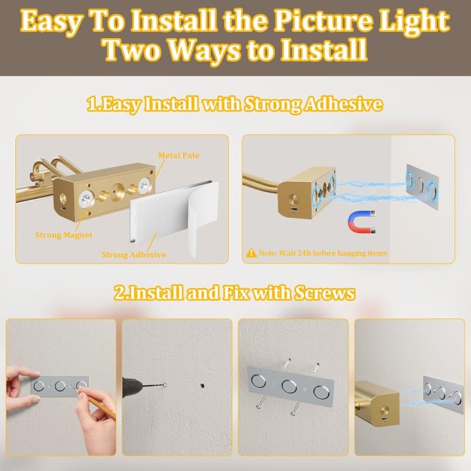 13.8'' Battery Operated Picture Light for Wall, Remote Control | 4000mAh Cordless,Gold Wall Light, Magnetic for Easy to Charge,Timers, Display for Gallery Living Room Bedroom