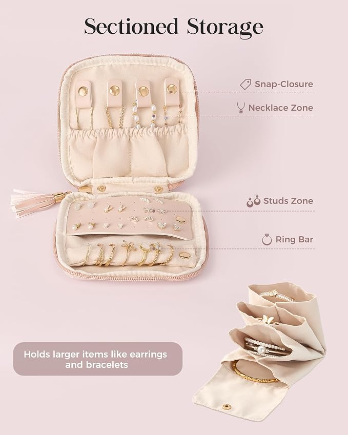 Lolalet Travel Jewelry Case Organizer, Soft Jewellery Pouch -Apricotpink | Storage Bag for Traveling Women, with Multi Compartments for Packing Necklaces, Earrings, Bracelets