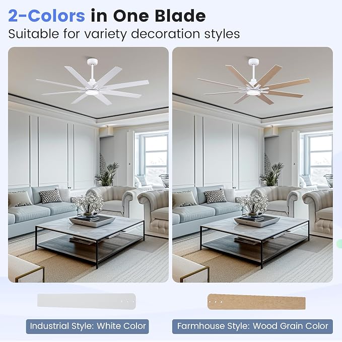 Newday 62 Inch White Ceiling Fan with Light and Remote, 8-Blade 8500 CFM High Airflow DC Motor, 3 CCT Dimmable LED, Reversible White/Oak Blades, 3 Downrods (6"/12") for High Ceiling Living Room Patio