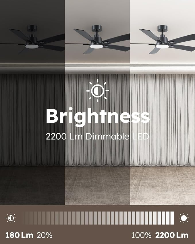 52 Inch Balck Downrod Ceiling Fans with Lights and Remote | 3CCT Dimmable LED, 6 Speed, Quiet DC Motor, 3-Level Timer Function, Forward/Reserve For all Seasons, Indoor/Covered Outdoor