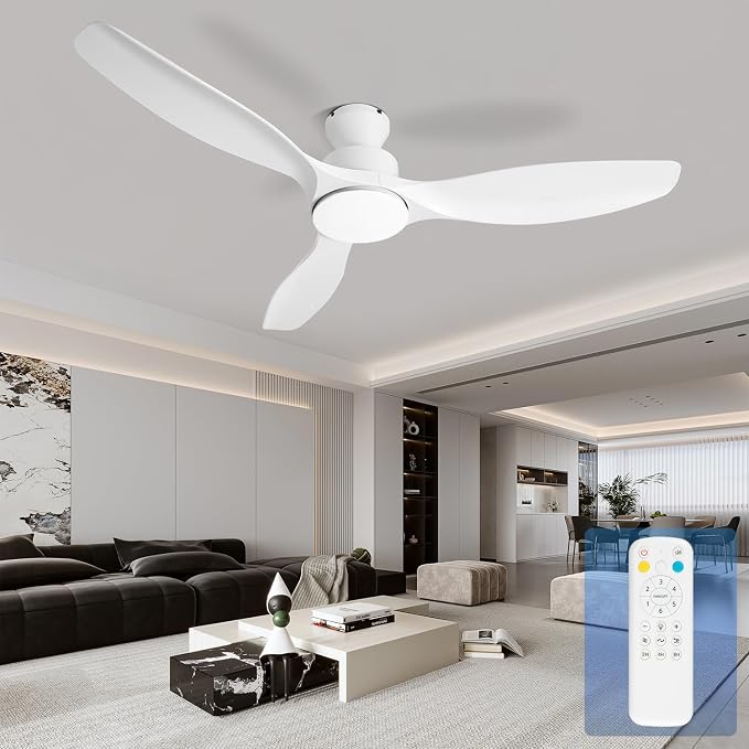 52" White Ceiling Fan with Light and Remote, Flush Mount Low Profile Ceiling Fans, Ceiling Fan with Dimmable LED Lights, 6 Speed, Silent Reversible DC Motor,White Fan for Bedroom/Living Room/Patios