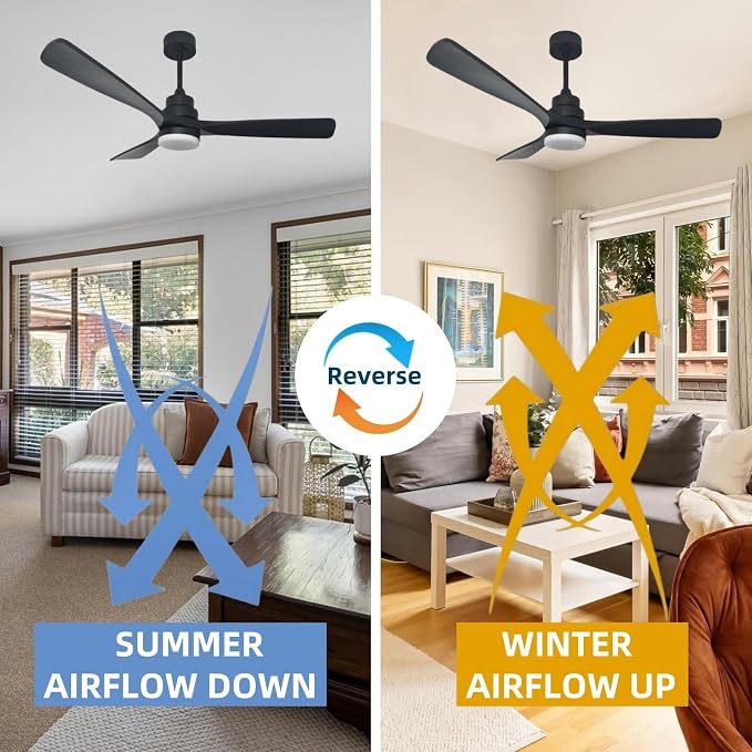 52-inch solid wood ceiling fan with light, black ceiling fan with light and remote control, 2 downrods, reversible DC motor, 3 blades, suitable for indoor, outdoor, rooms and living rooms