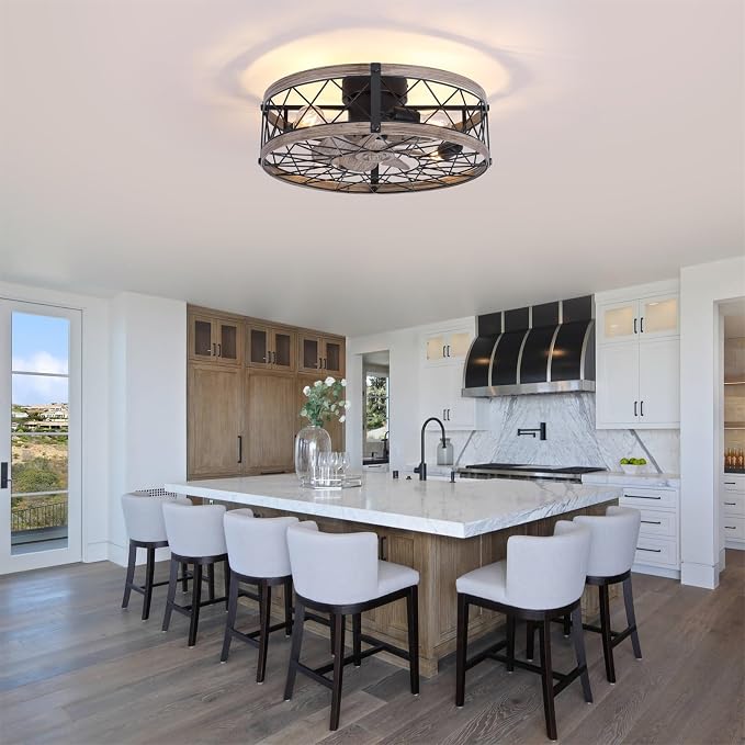 24" Farmhouse Caged Ceiling Fans with Lights Flush Mount, Rustic Low Profile Ceiling Fan with Light and Remote, Quiet Reversible DC Motor Bladeless Enclosed Ceiling Fan for Bedroom Kitchen Dining Room