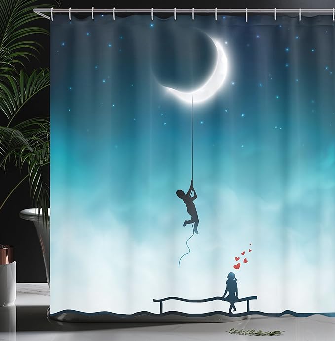 Ambesonne Fantasy Shower Curtain, Characters Climbing to The Moon and Sitting on Bench Love Romance Themed Art, Cloth Fabric Bathroom Decor Set with Hooks, 69" W x 84" L, White and Teal