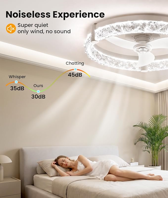 Ceiling Fans with Lights and Remote App 20'' Low Profile Ceiling Fan 3000-6500K Dimmable Modern Flush Mount Ceiling Fan Light LED 6 Speeds Fandelier Ceiling Fans for Bedroom Small Living Room